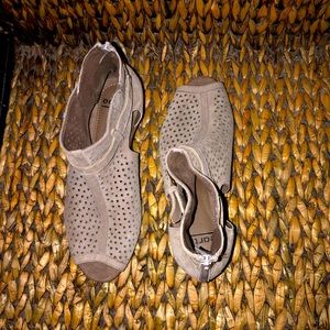 Taupe Open Toe Suede Sandals with a Back Zipper